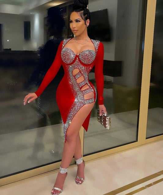 Sparkly Rhinestone Hollow High Split Dresses