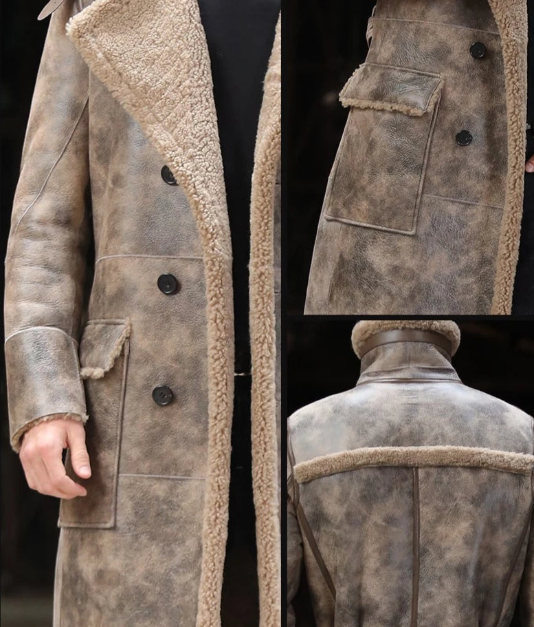 Genuine Leather Real Shearling Fur Lining Turndown Collar Long Coats