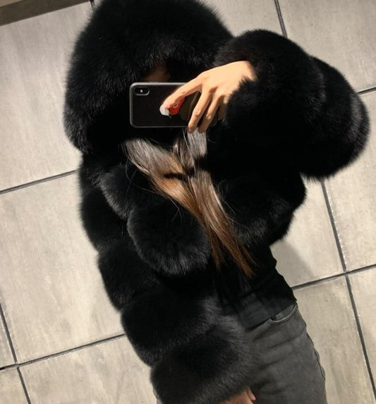 Detachable Hood Real Fox Fur Crop Coats