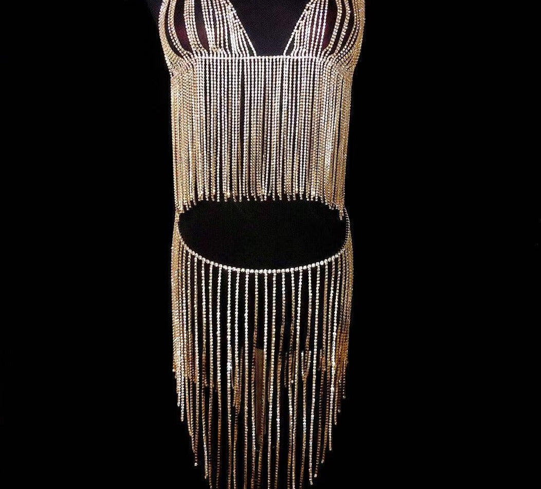Crystal Long Tassel Chain Bra & Skirt