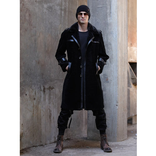 Real Shearling Long Trench Coat Mink Fur Collar