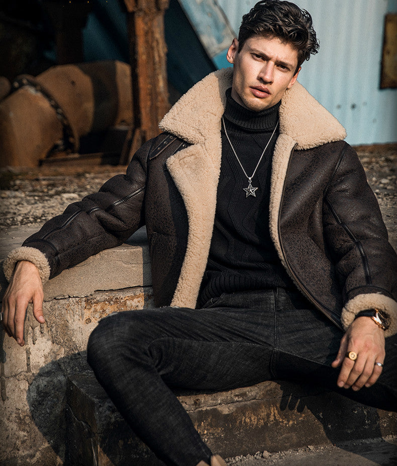 Genuine Leather Coat Shearling Lining Tall Collar