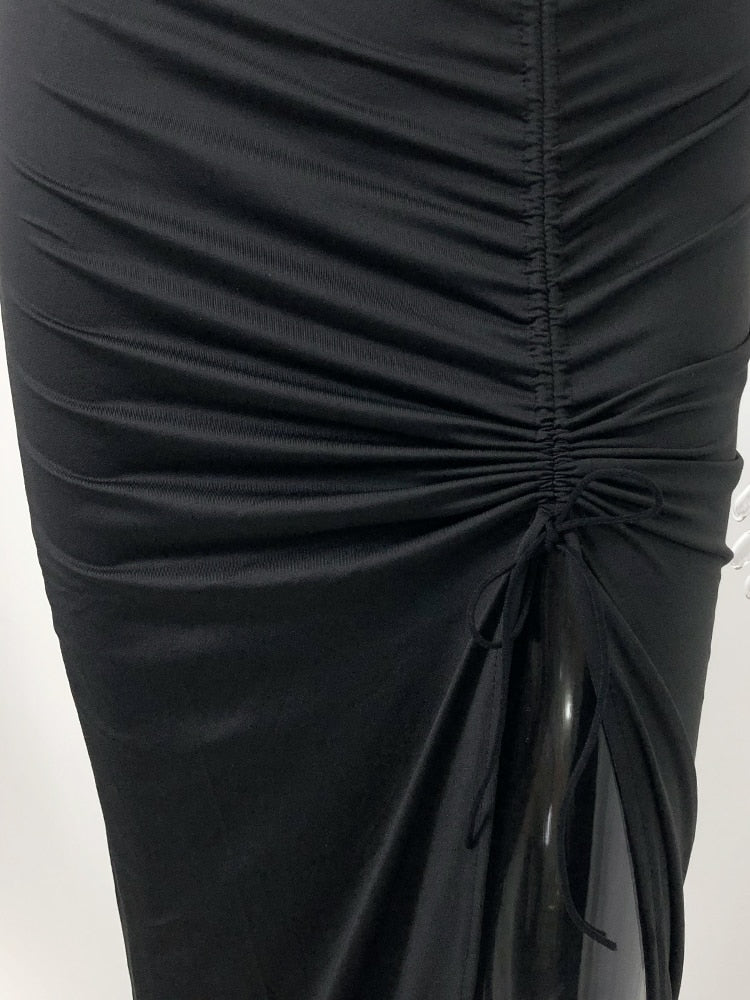 Cross Halter Backless Irregular Hollow Ruched Maxi Dresses