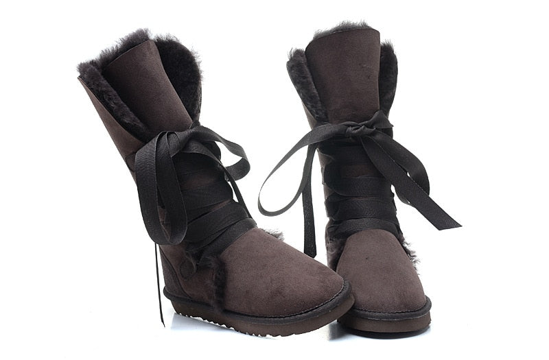 Genuine Leather Real Shearling Fur Long Lace High Boots