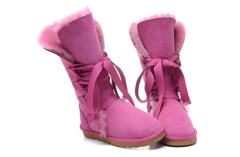 Genuine Leather Real Shearling Fur Long Lace High Boots