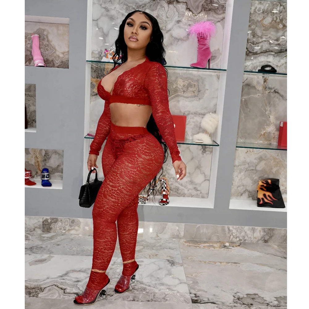 Floral Lace See Through Crop Top & Leggings
