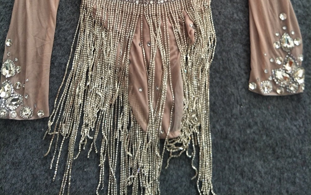 Rhinestones Mesh Crystal Chain Tassel Bodysuit