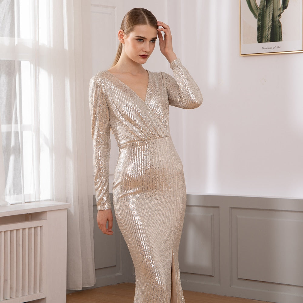 Sequin Stretchy Long Sleeve Maxi Dresses