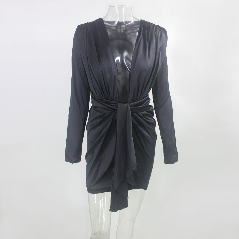 Deep V Wrap Long Sleeve Bandage Dresses