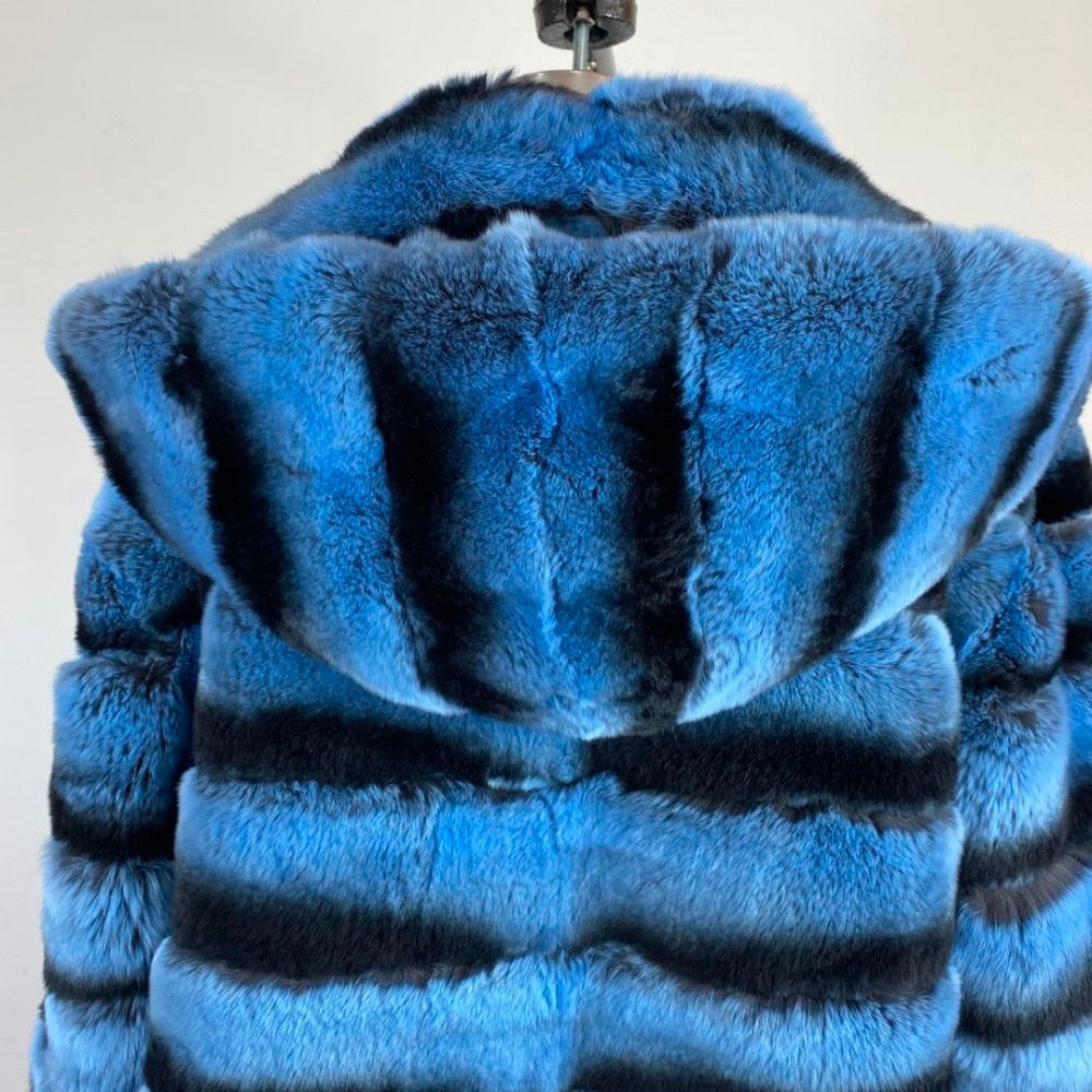 Blue Real Rabbit Fur Hooded Coats