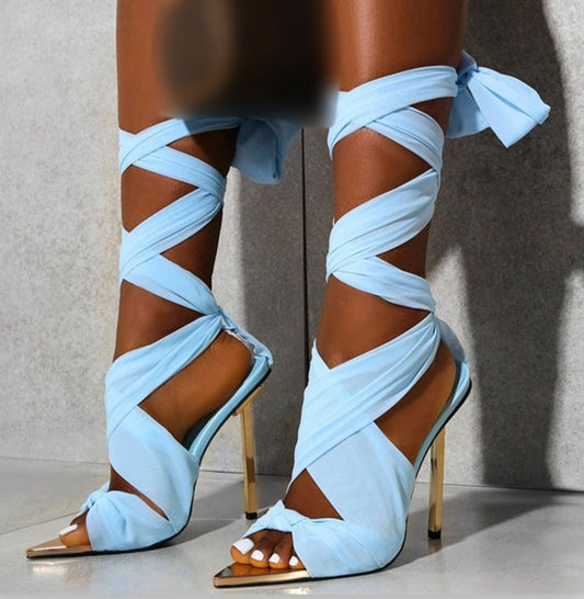 Fabric Tie Peep Toe High Heels