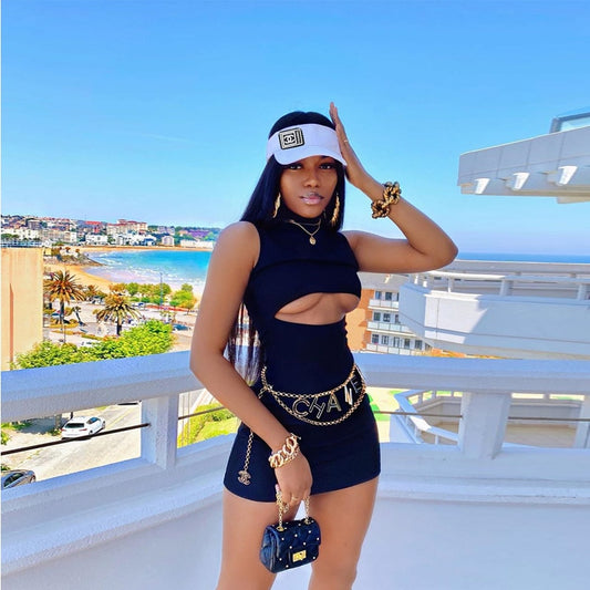 Turtleneck Hollow Belly Sleeveless Mini Dresses