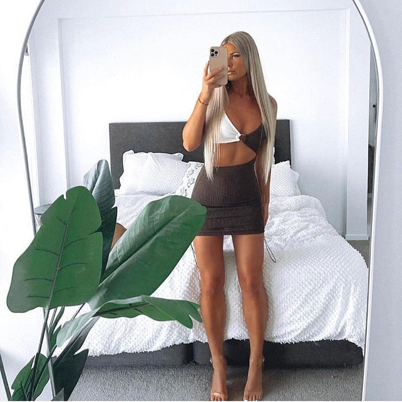 Two Tone Hollow Belly Bodycon Mini Dresses