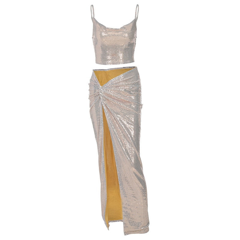 Mirror Drip Tank Crop & Split Long Skirt Sets