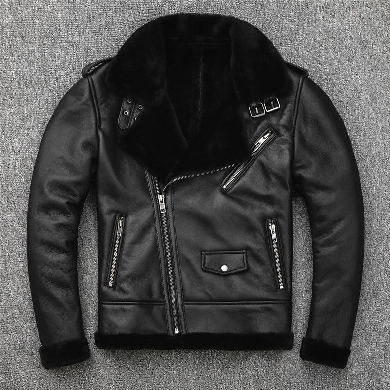 Genuine Leather Moto Jacket Real Wool Lining