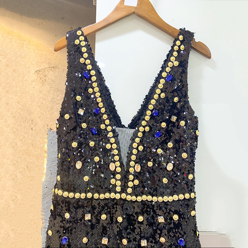 Deep V-Neck Rhinestone Sequin Wide-Leg Jumpsuit
