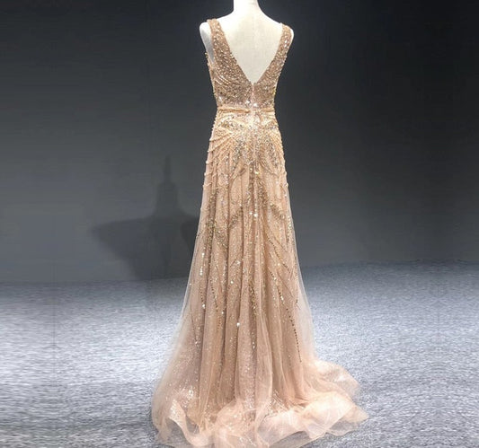 Luxury Pearl Crystal V-Neck Sleeveless Evening Dresses