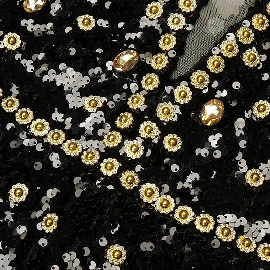 Deep V-Neck Rhinestone Sequin Wide-Leg Jumpsuit