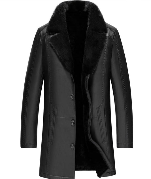 Genuine Leather Real Mink Fur Collar Shearling Lining Coat
