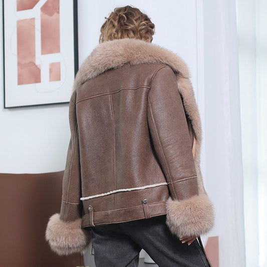 Genuine Leather Coat Big Fur Collar & Cuffs
