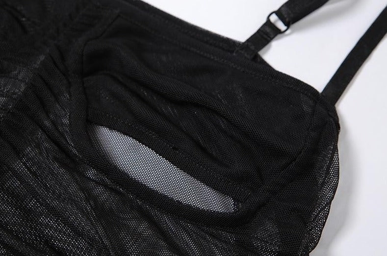 Mesh Ruched Under-Breast Slits Strap Jumpsuits