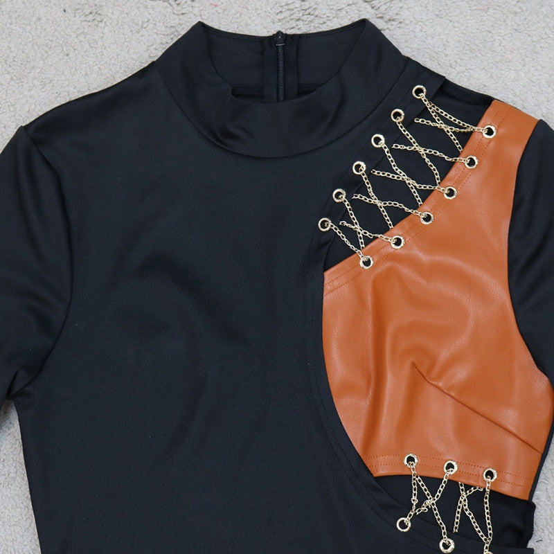 Pu Leather Color Block Chains Mini Dresses