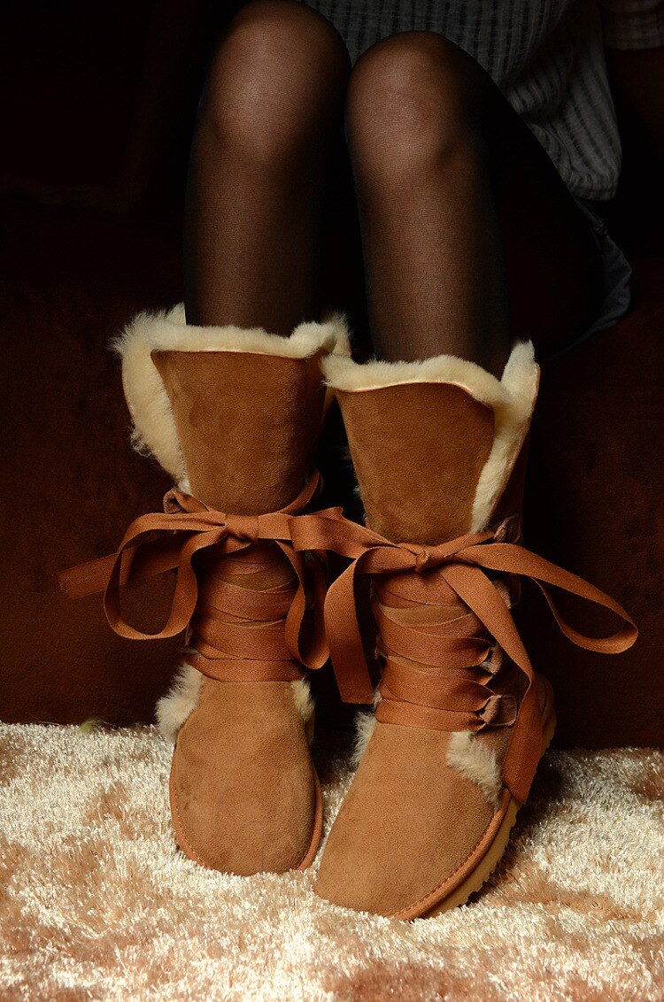 Genuine Leather Real Shearling Fur Long Lace High Boots
