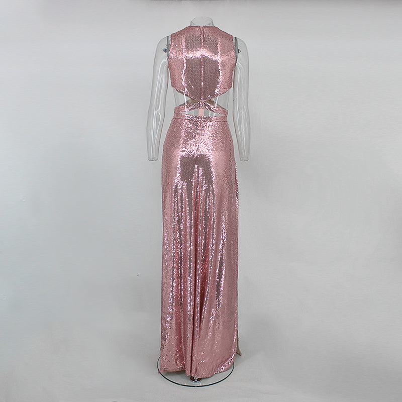 Sequin V Neck Tank Hollow Belly High Split Maxi Dresses