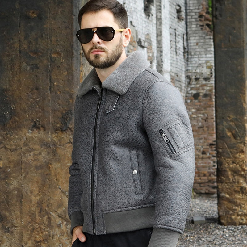 Grey Genuine Leather Real Shearling Fur Short Coat