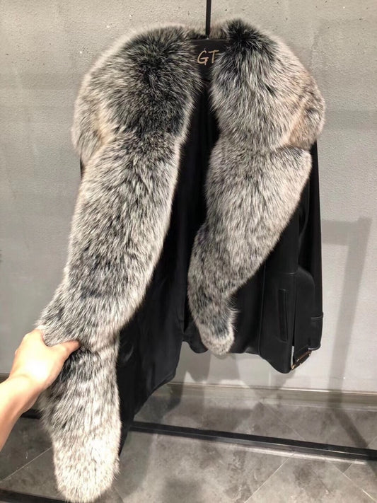 Genuine Leather Real Fox Fur Collar Reto Coats