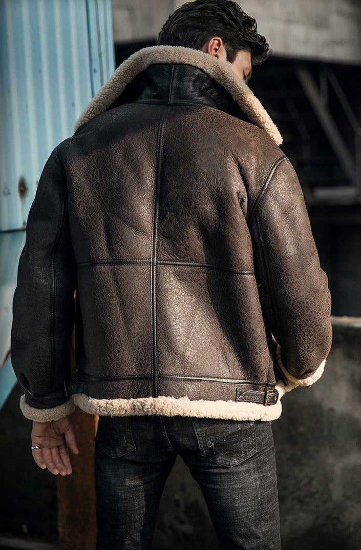 Genuine Leather Coat Shearling Lining Tall Collar