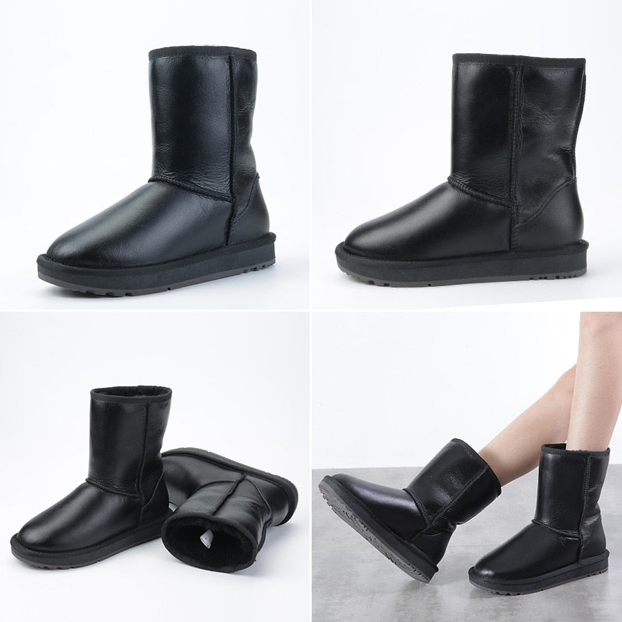 Real Leather Wool Fur Lined Snow Boots Waterproof