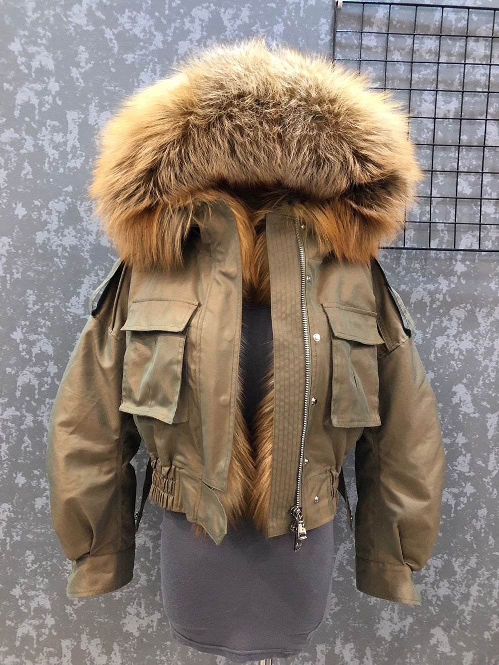 Real Fox Fur Collar Crop Bomber Jackets
