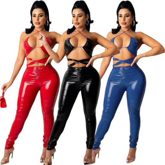 Pu Leather Spaghetti Open V Hollow Belly Backless Jumpsuits
