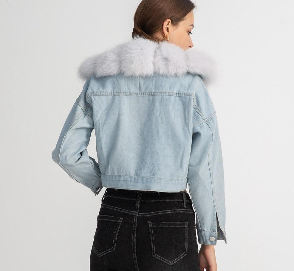 Real Fox Fur Crop Denim Jackets