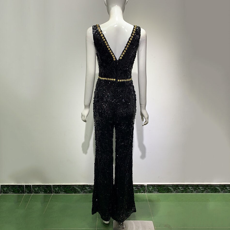 Deep V-Neck Rhinestone Sequin Wide-Leg Jumpsuit