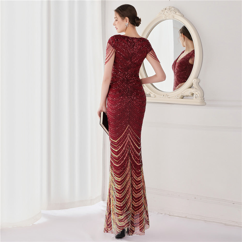 V Neck Sequin Beading Sleeve Maxi Dresses