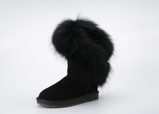 Genuine Leather Suede Natural Fox Fur Half Top Snow Boots