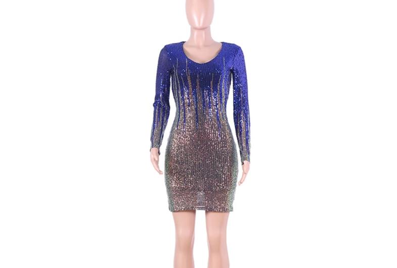 Slight V Long Sleeves Sequin Color Blend Bodycon Dresses