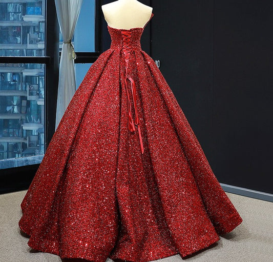 Wine Red Off Shoulder Strapless Sparkle Wedding Dress
