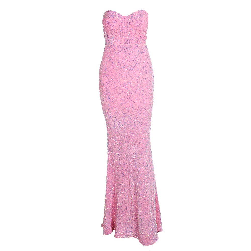 Pink Sequin Strapless Sleeveless Backless Maxi Dress