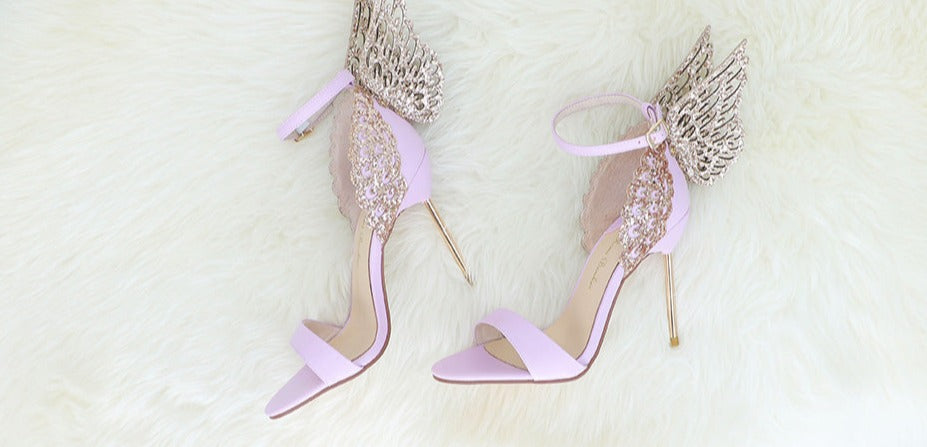 Butterfly Wings Open Toe Buckle Strap High Heels Pink/Silver