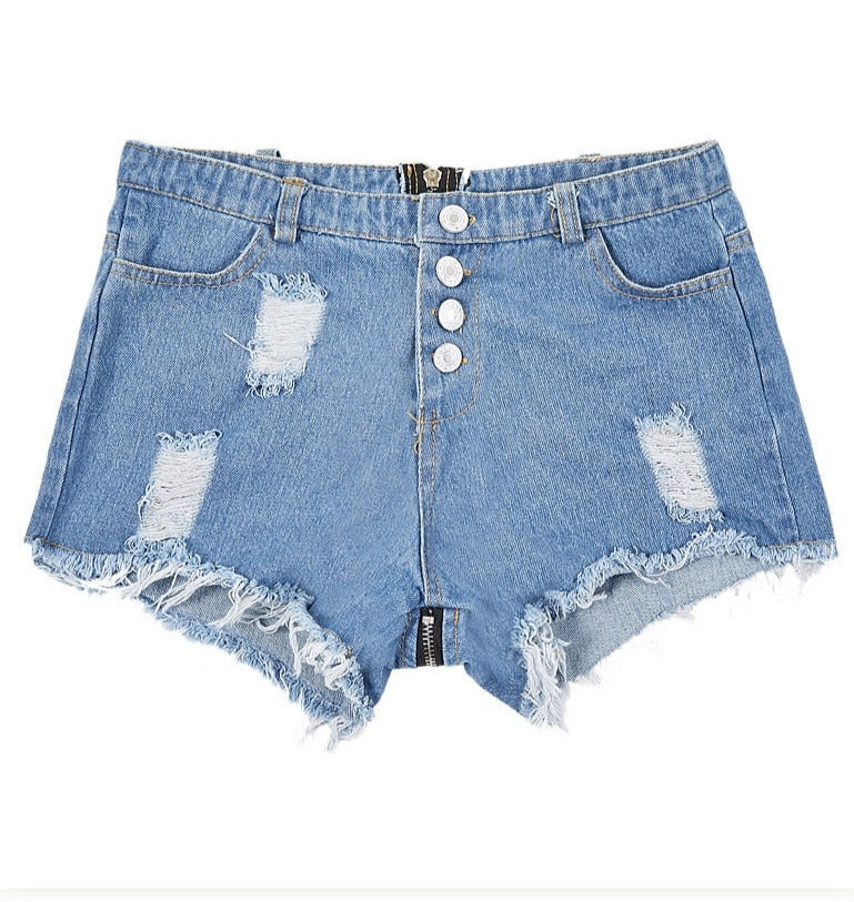 Back Zipper High Waist Ripped Denim Shorts