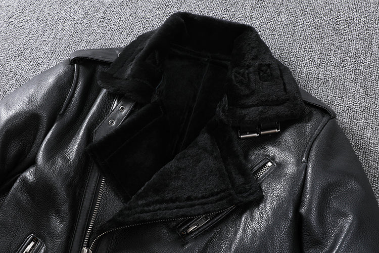 Genuine Leather Moto Jacket Real Wool Lining