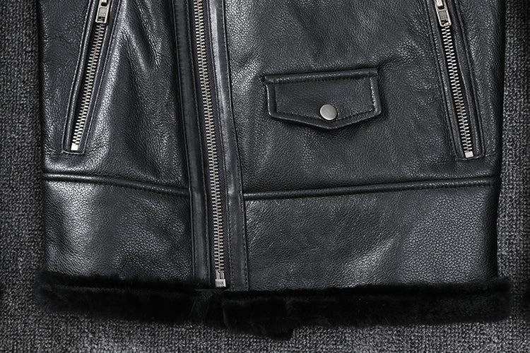 Genuine Leather Moto Jacket Real Wool Lining