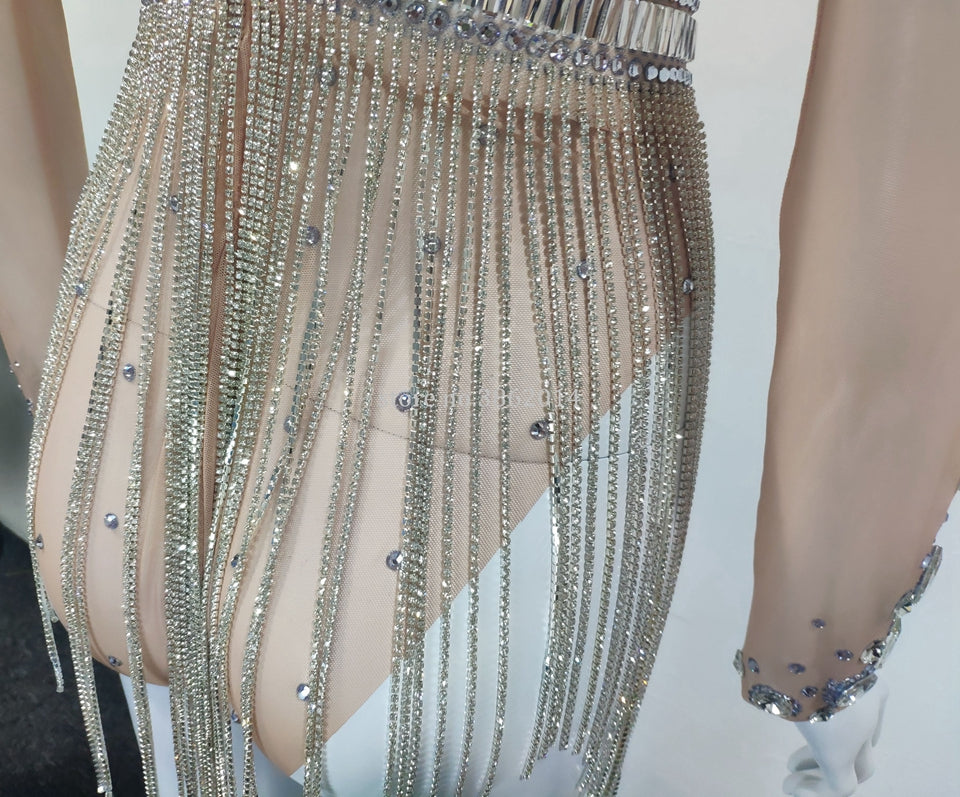 Rhinestones Mesh Crystal Chain Tassel Bodysuit