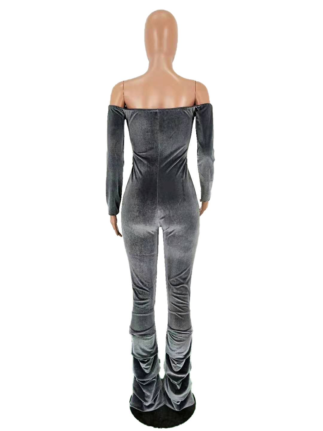 Velvet Off Shoulder Ruffle Leg Jumpsuits