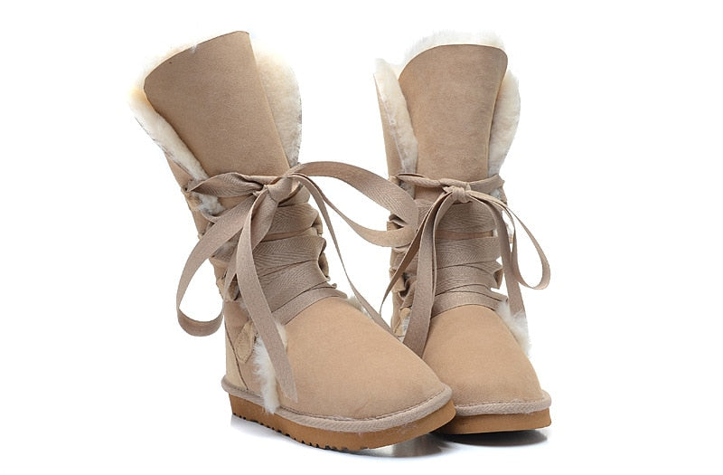 Genuine Leather Real Shearling Fur Long Lace High Boots