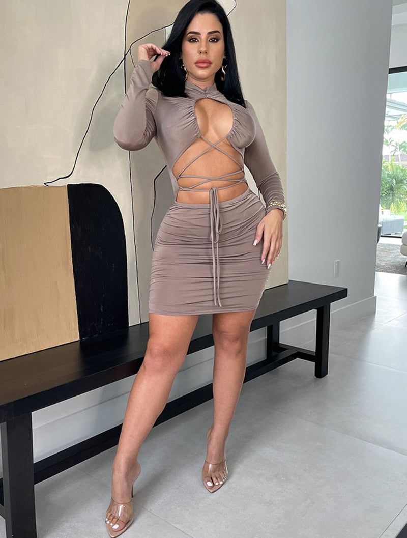 Hollow Lace-Up Belly Long Sleeve Mini Dress