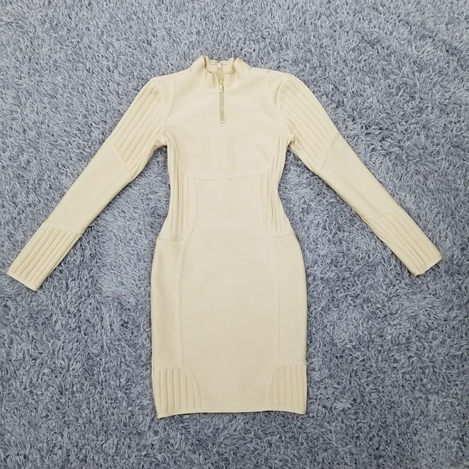 Nude Stand-Up Collar Long Sleeve Dress